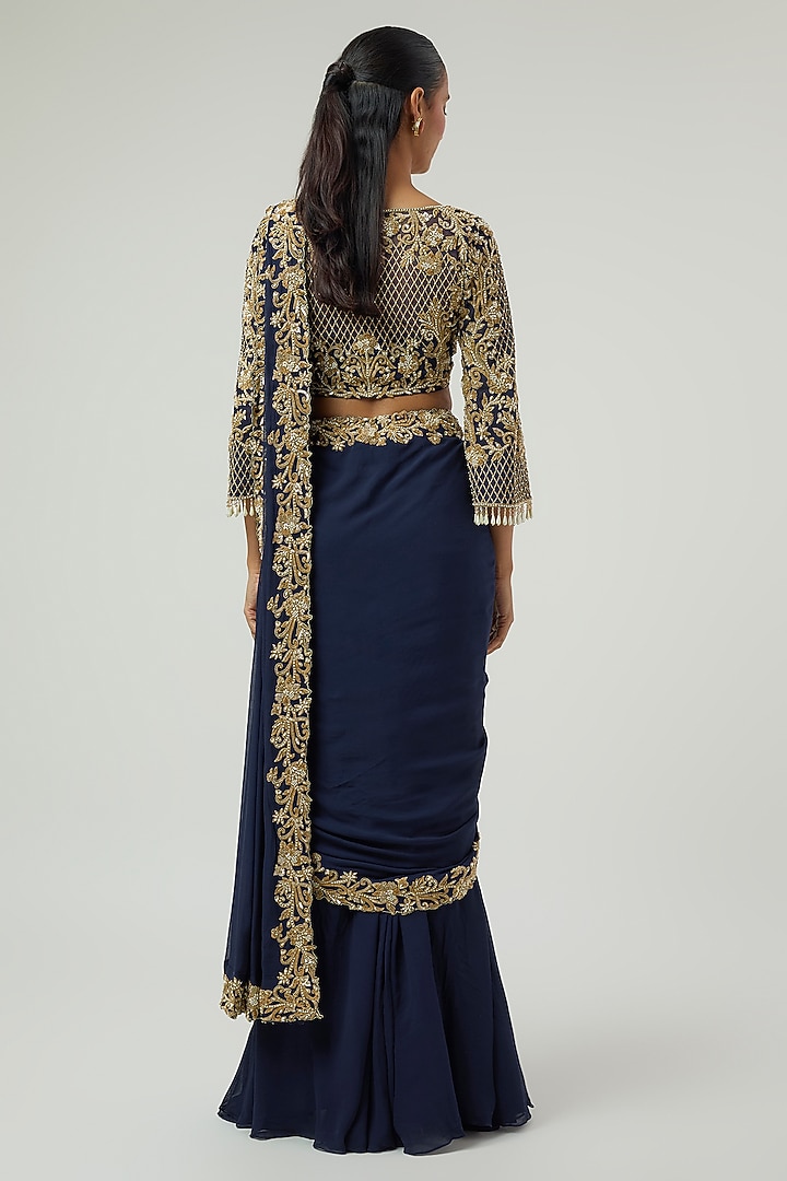 Blue Georgette Pearl Work Reception Saree Set by Malasa at Pernia's Pop Up Shop