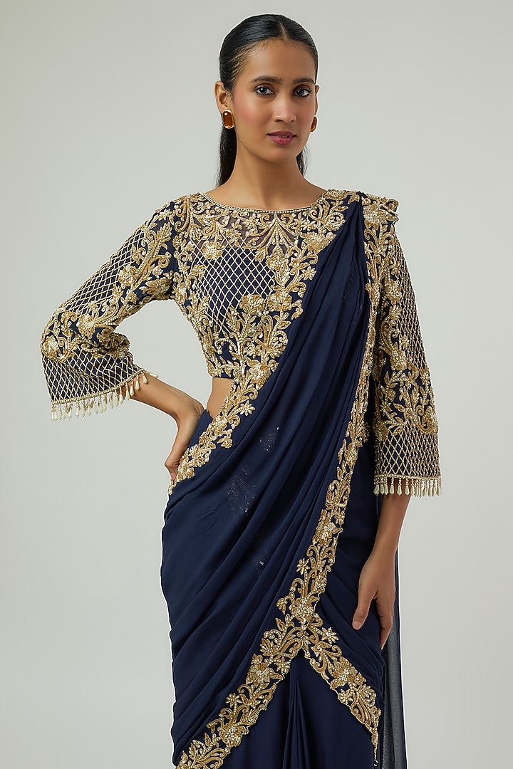 Blue Georgette Pearl Work Reception Saree Set by Malasa at Pernia's Pop Up Shop