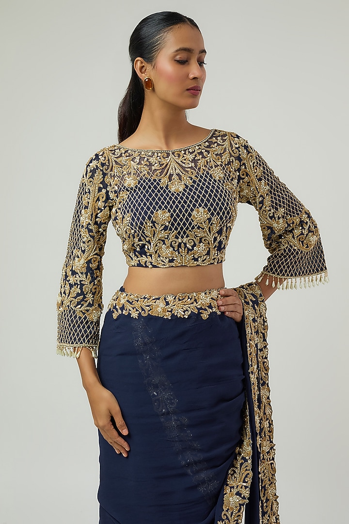 Blue Georgette Pearl Work Reception Saree Set by Malasa at Pernia's Pop Up Shop