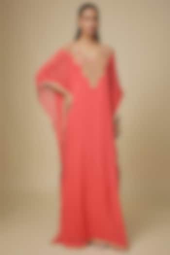 Coral Georgette Thread Embellished Kaftan by Malasa at Pernia's Pop Up Shop