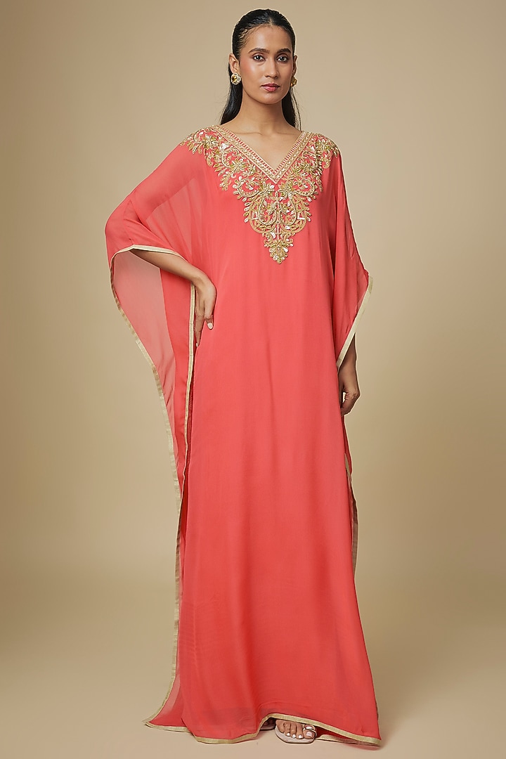 Coral Georgette Thread Embellished Kaftan by Malasa at Pernia's Pop Up Shop