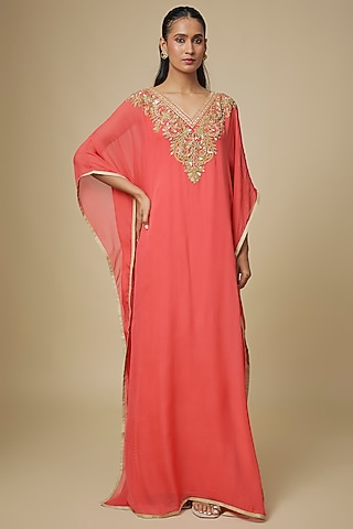 Coral Georgette Thread Embellished Kaftan by Malasa