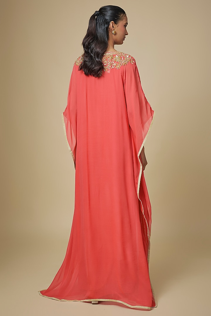 Coral Georgette Thread Embellished Kaftan by Malasa at Pernia's Pop Up Shop
