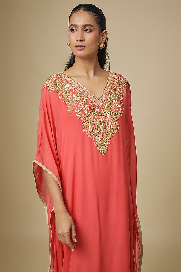 Coral Georgette Thread Embellished Kaftan by Malasa at Pernia's Pop Up Shop