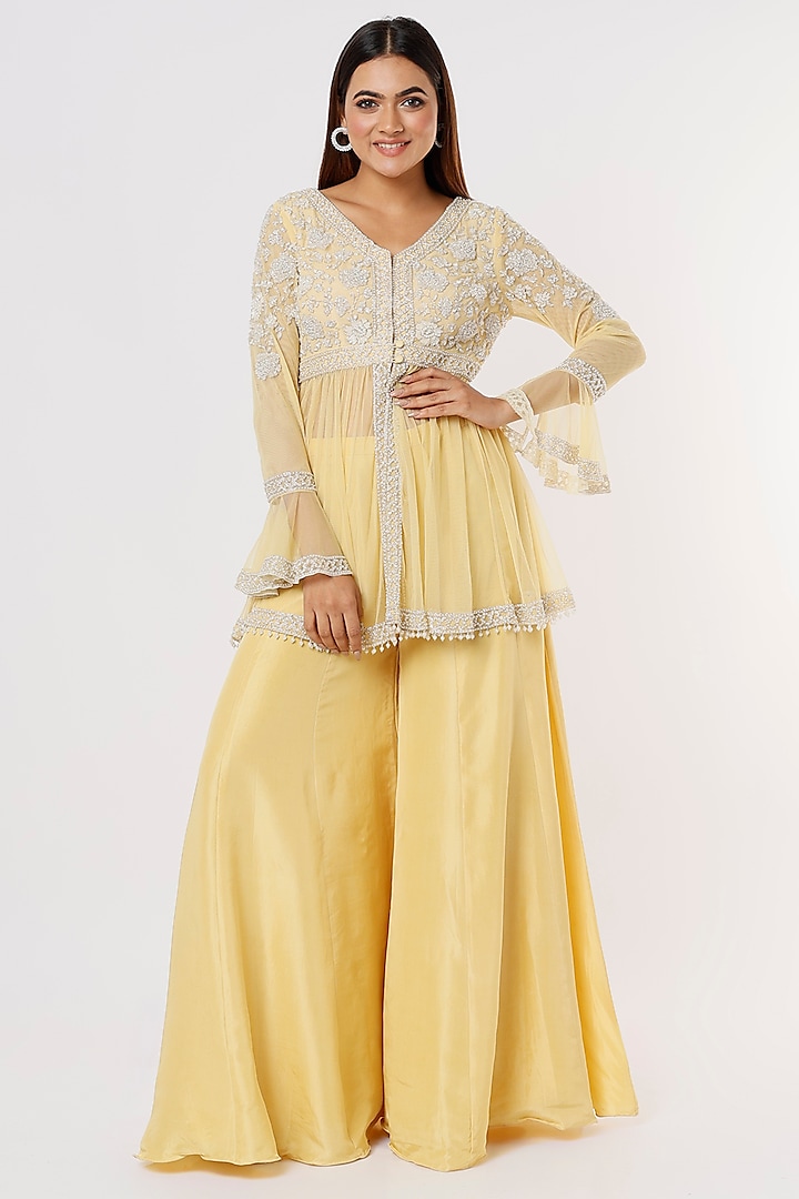 Yellow Silk Satin Sharara Set by Malasa