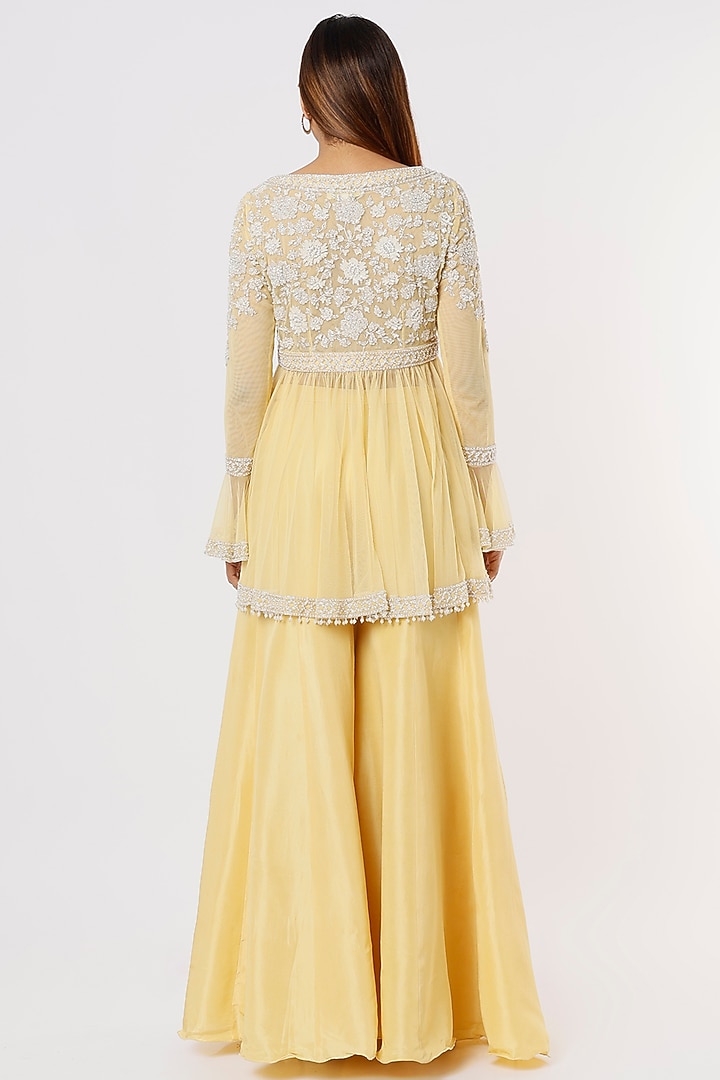 Yellow Silk Satin Wedding Sharara Set by Malasa at Pernia's Pop Up Shop