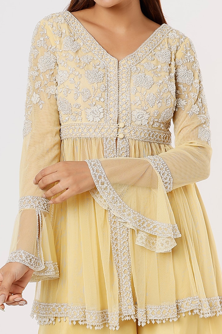 Yellow Silk Satin Wedding Sharara Set by Malasa at Pernia's Pop Up Shop