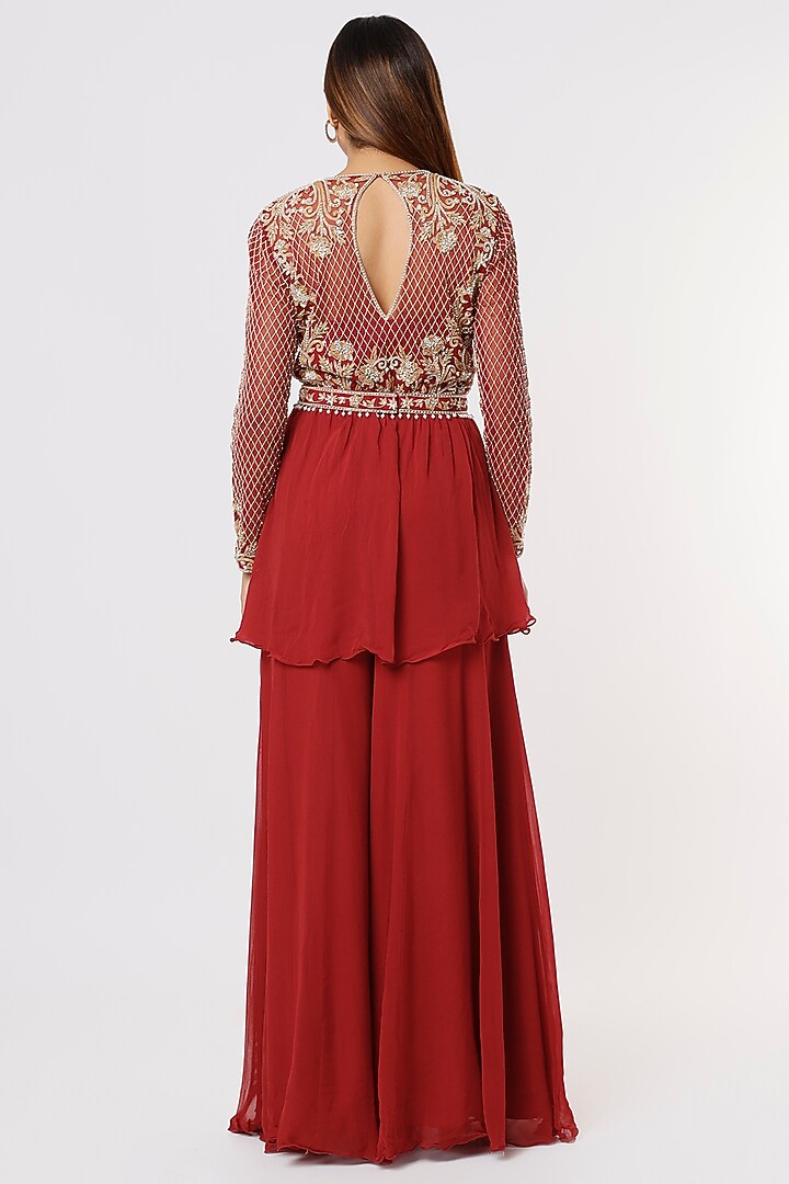 Red Silk Satin Wedding Sharara Set by Malasa at Pernia's Pop Up Shop
