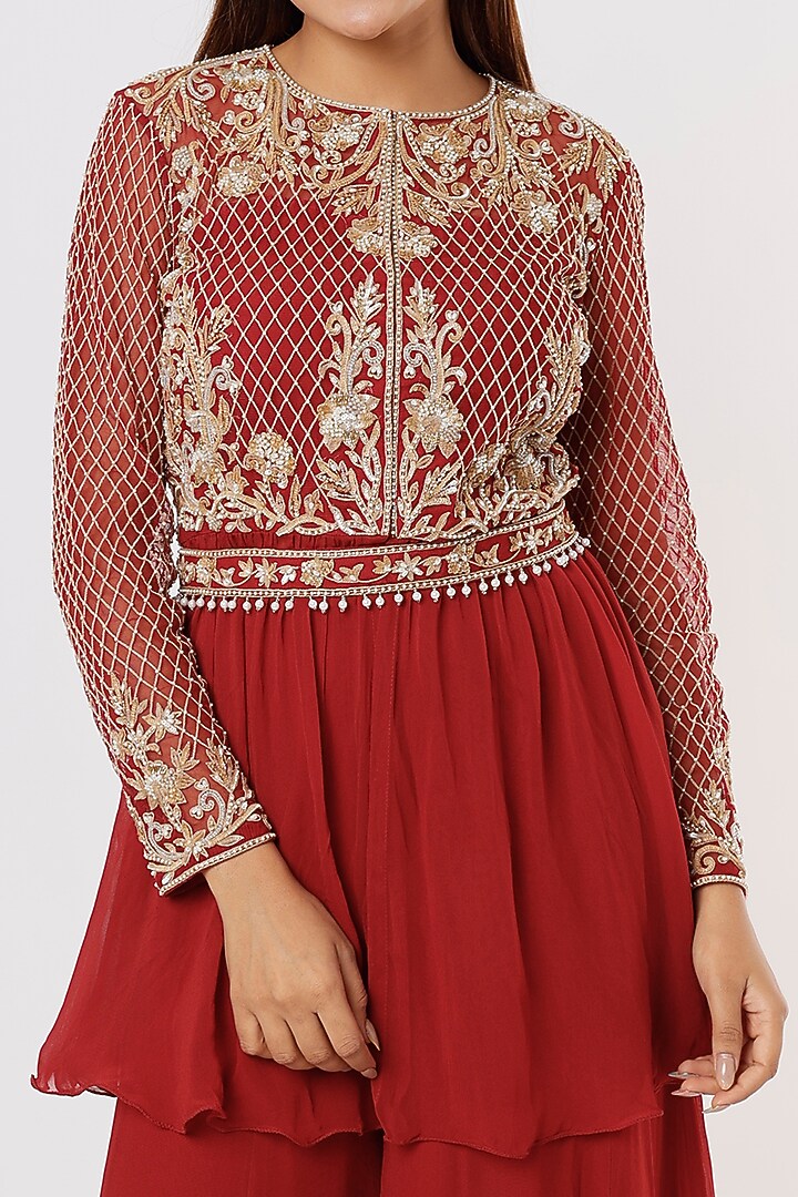 Red Silk Satin Wedding Sharara Set by Malasa at Pernia's Pop Up Shop