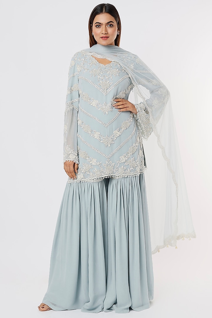 Ice Blue Sharara Set In Georgette by Malasa