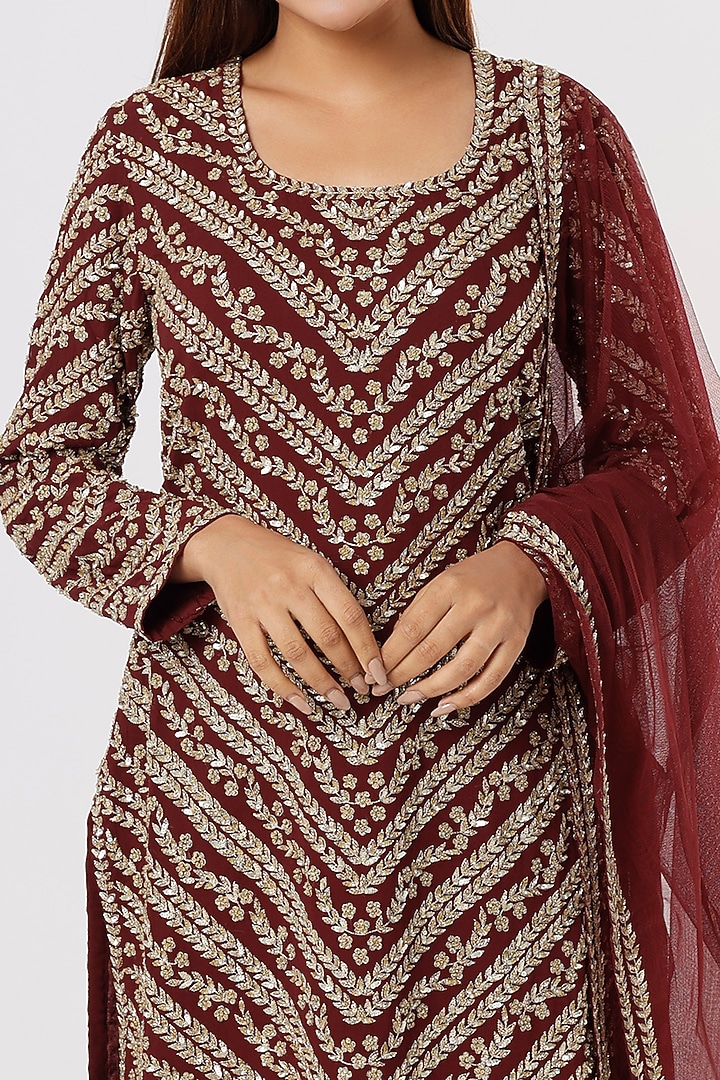 Burgundy Georgette Bridal Sharara Set by Malasa at Pernia's Pop Up Shop