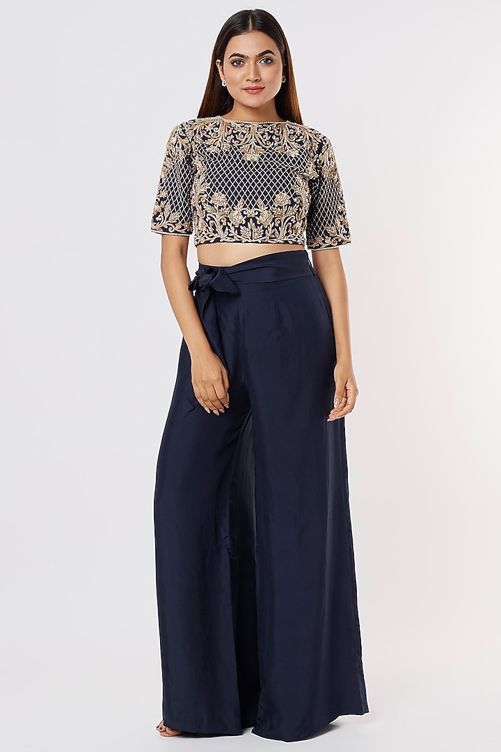 Blue Pant Set In Silk Satin by Malasa at Pernia's Pop Up Shop