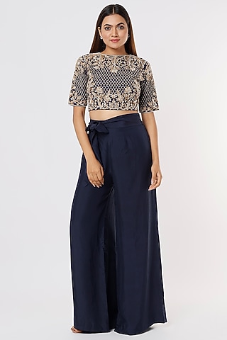 Blue Pant Set In Silk Satin by Malasa