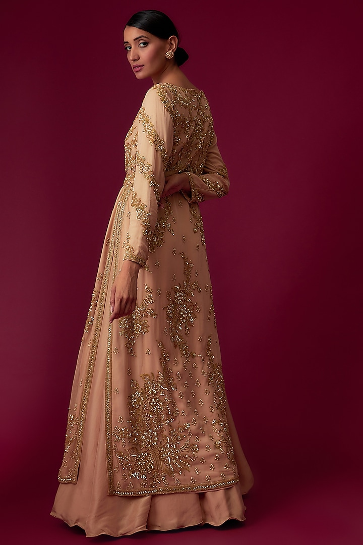 Peach Gold Georgette Embroidered Jacket Wedding Lehenga Set by