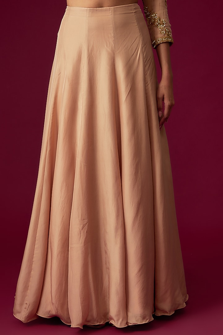 Peach & Gold Georgette Embroidered Jacket Wedding Lehenga Set by Malasa at Pernia's Pop Up Shop