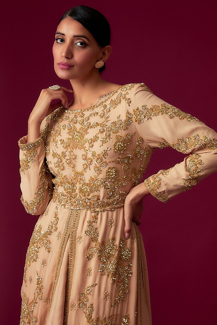 Peach & Gold Georgette Embroidered Jacket Wedding Lehenga Set by Malasa at Pernia's Pop Up Shop