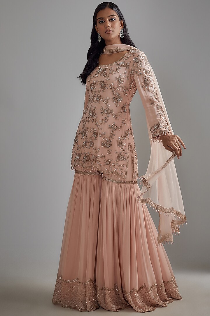 Pink Georgette Embroidered Bridal Sharara Set by Malasa at Pernia's Pop Up Shop