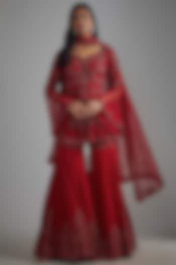 Red Georgette Embroidered Bridal Sharara Set by Malasa at Pernia's Pop Up Shop