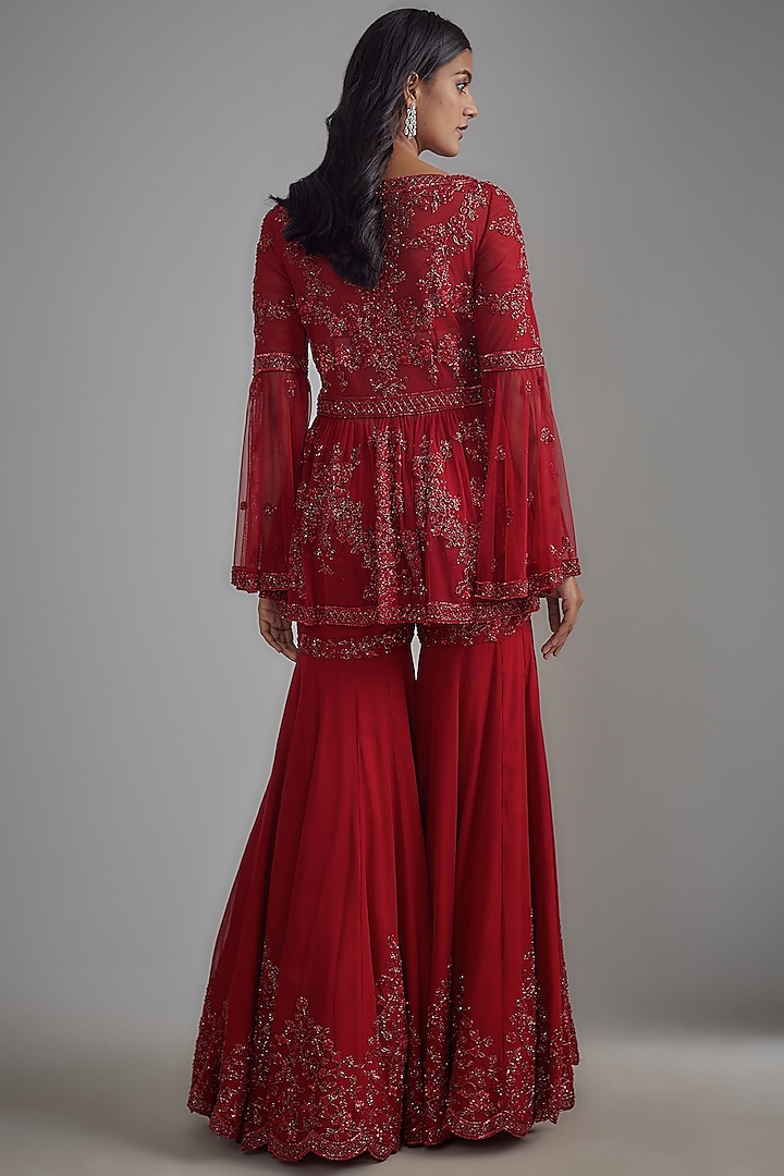 Red Georgette Embroidered Bridal Sharara Set by Malasa at Pernia's Pop Up Shop