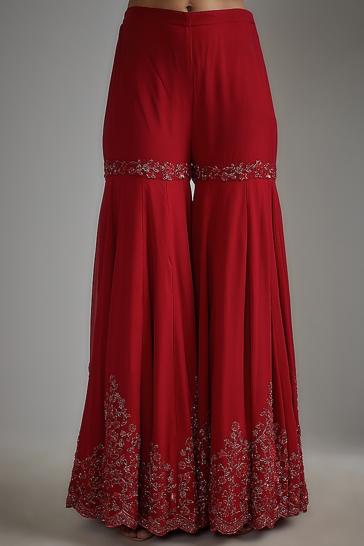 Red Georgette Embroidered Bridal Sharara Set by Malasa at Pernia's Pop Up Shop