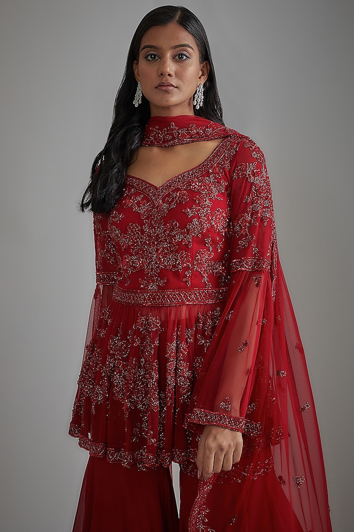 Red Georgette Embroidered Bridal Sharara Set by Malasa at Pernia's Pop Up Shop