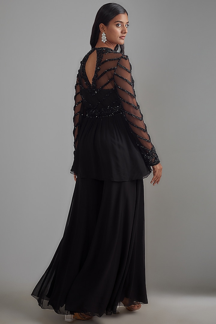 Black Georgette Embroidered Wedding Sharara Set by Malasa at Pernia's Pop Up Shop