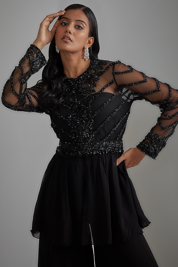 Black Georgette Embroidered Wedding Sharara Set by Malasa at Pernia's Pop Up Shop
