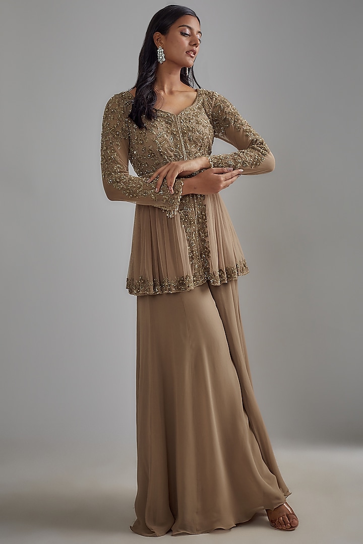 Beige Georgette Embroidered Wedding Sharara Set by Malasa at Pernia's Pop Up Shop