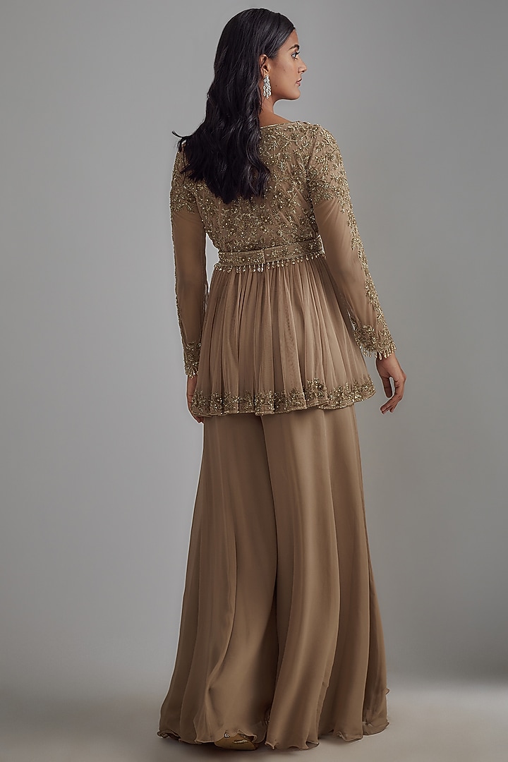 Beige Georgette Embroidered Wedding Sharara Set by Malasa at Pernia's Pop Up Shop