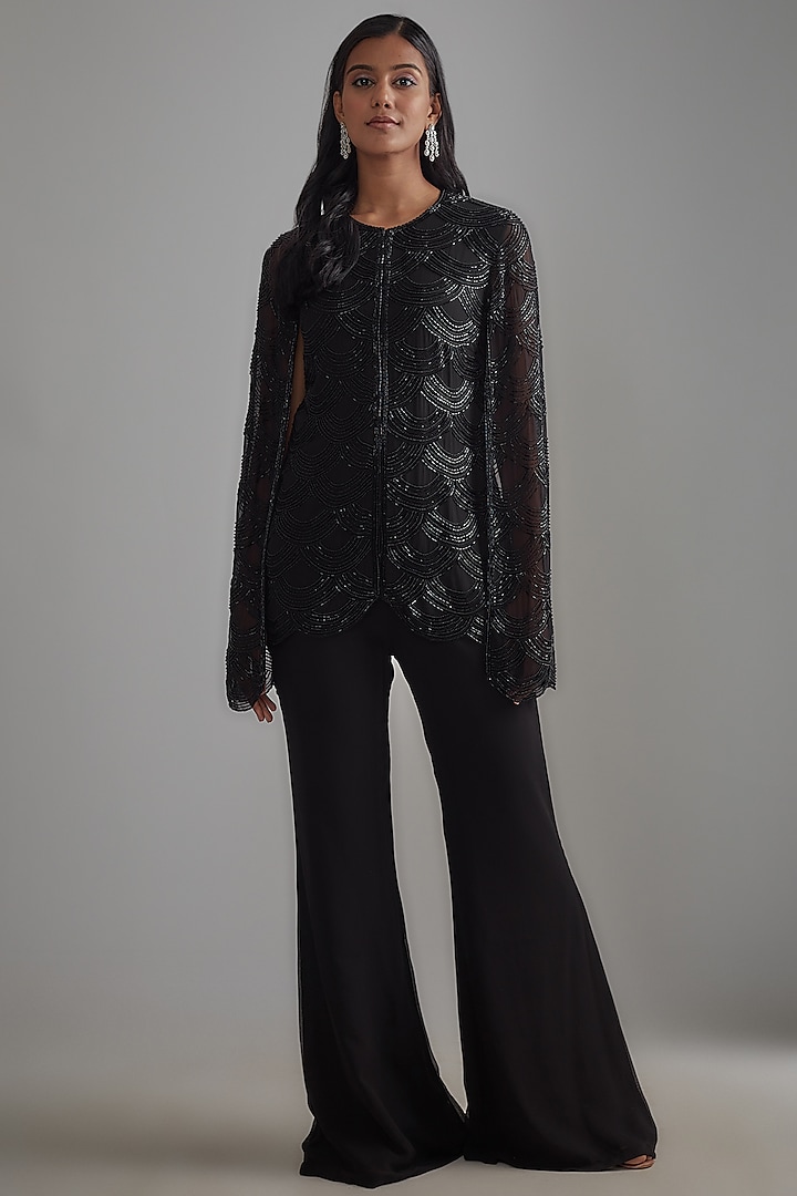 Black Georgette Embroidered Jacket Set by Malasa