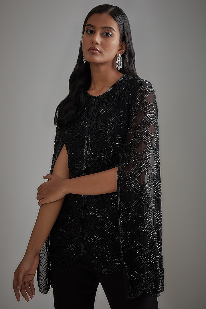 Black Georgette Embroidered Jacket Set by Malasa at Pernia's Pop Up Shop
