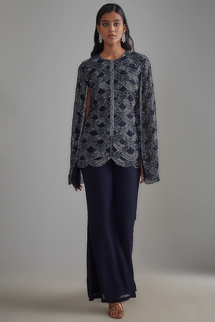 Blue Georgette Embroidered Jacket Set by Malasa at Pernia's Pop Up Shop
