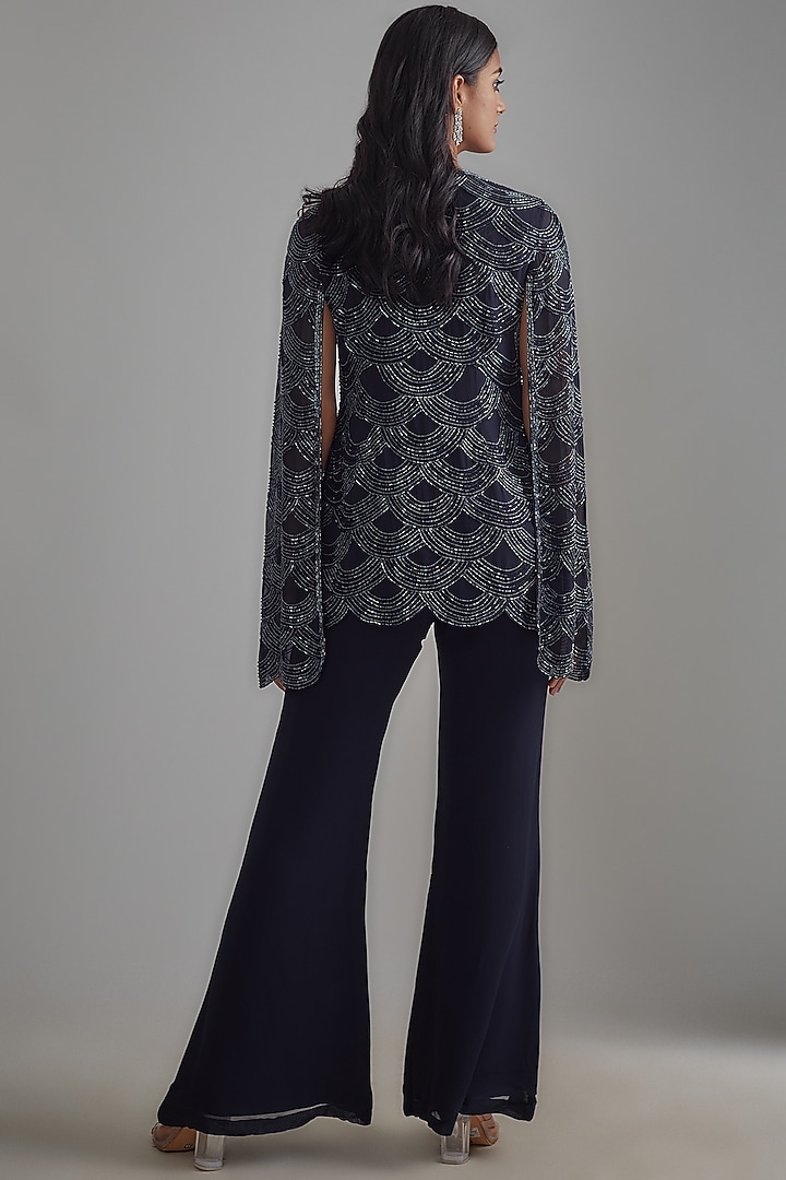 Blue Georgette Embroidered Jacket Set by Malasa at Pernia's Pop Up Shop