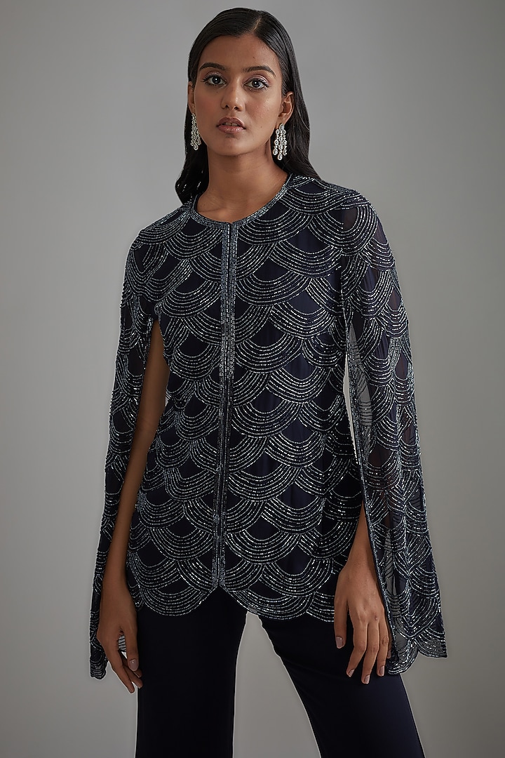 Blue Georgette Embroidered Jacket Set by Malasa at Pernia's Pop Up Shop