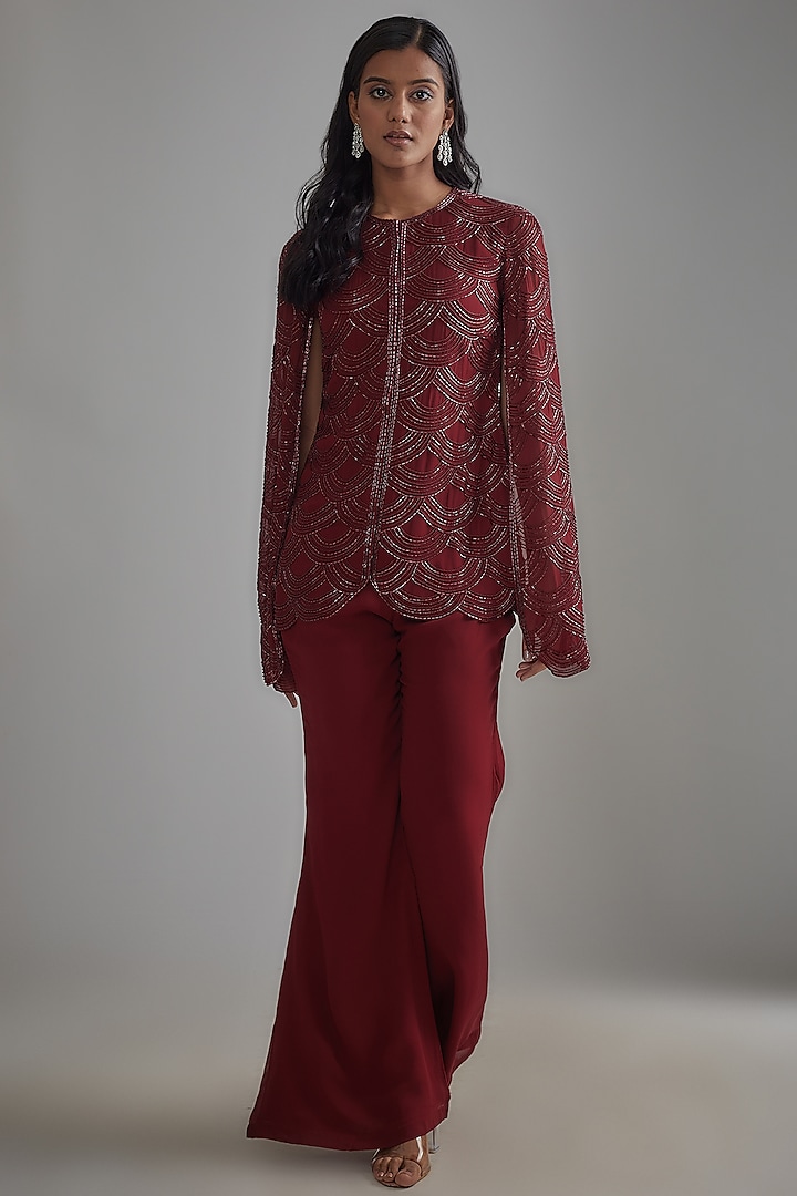Red Georgette Embroidered Jacket Set by Malasa