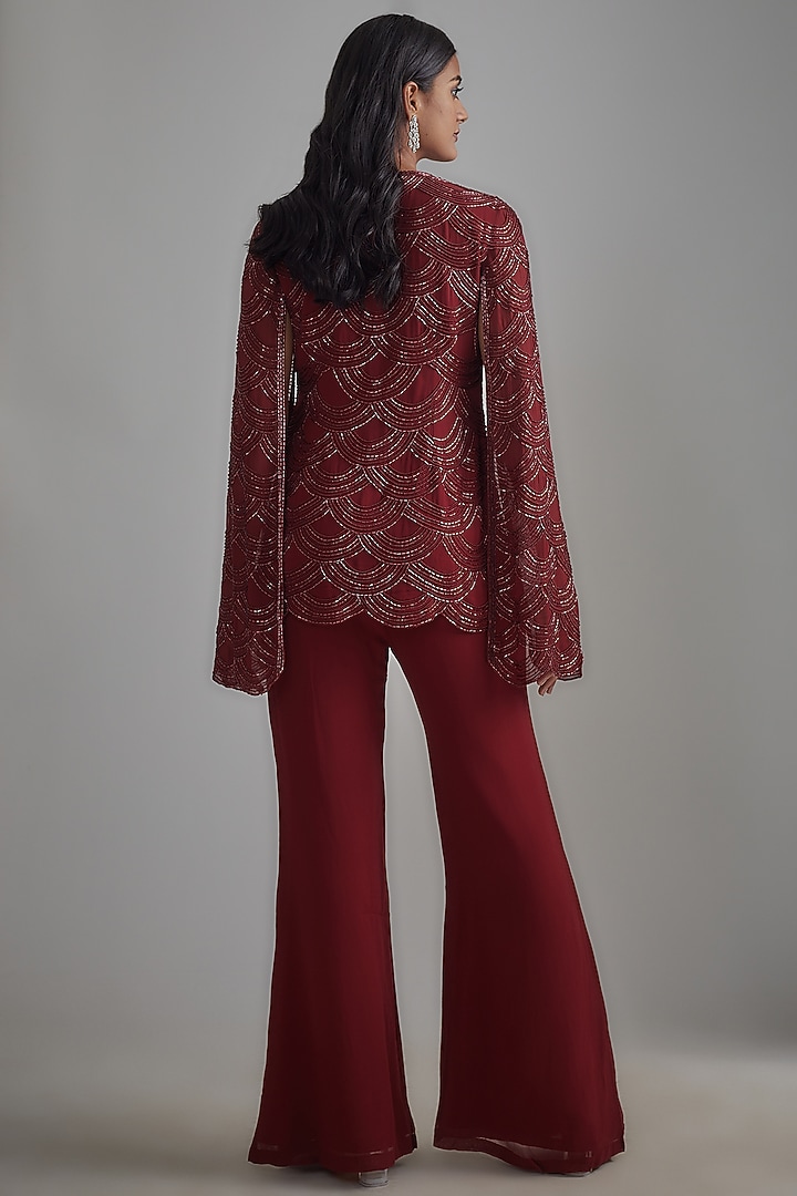 Red Georgette Embroidered Jacket Set by Malasa at Pernia's Pop Up Shop