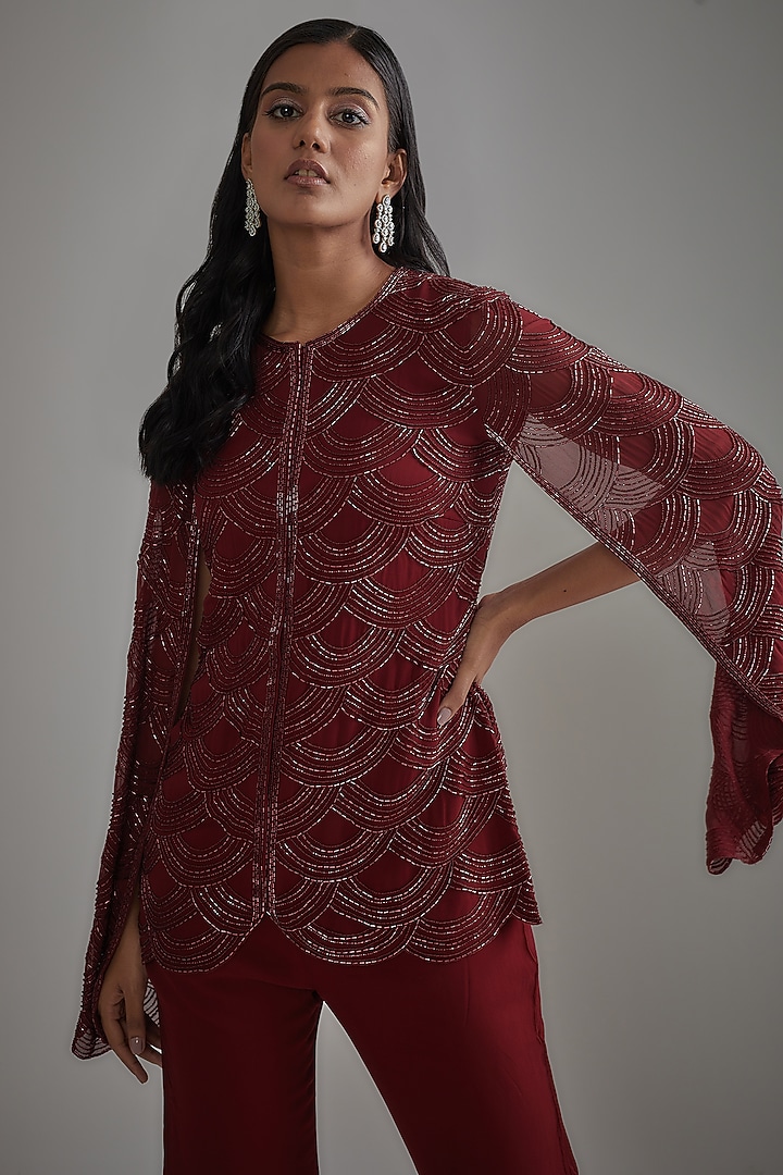 Red Georgette Embroidered Jacket Set by Malasa at Pernia's Pop Up Shop