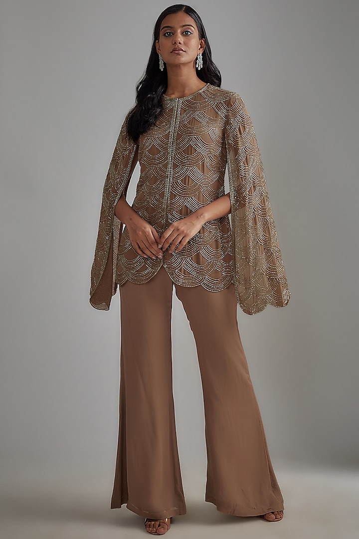 Golden Georgette Embroidered Jacket Set by Malasa