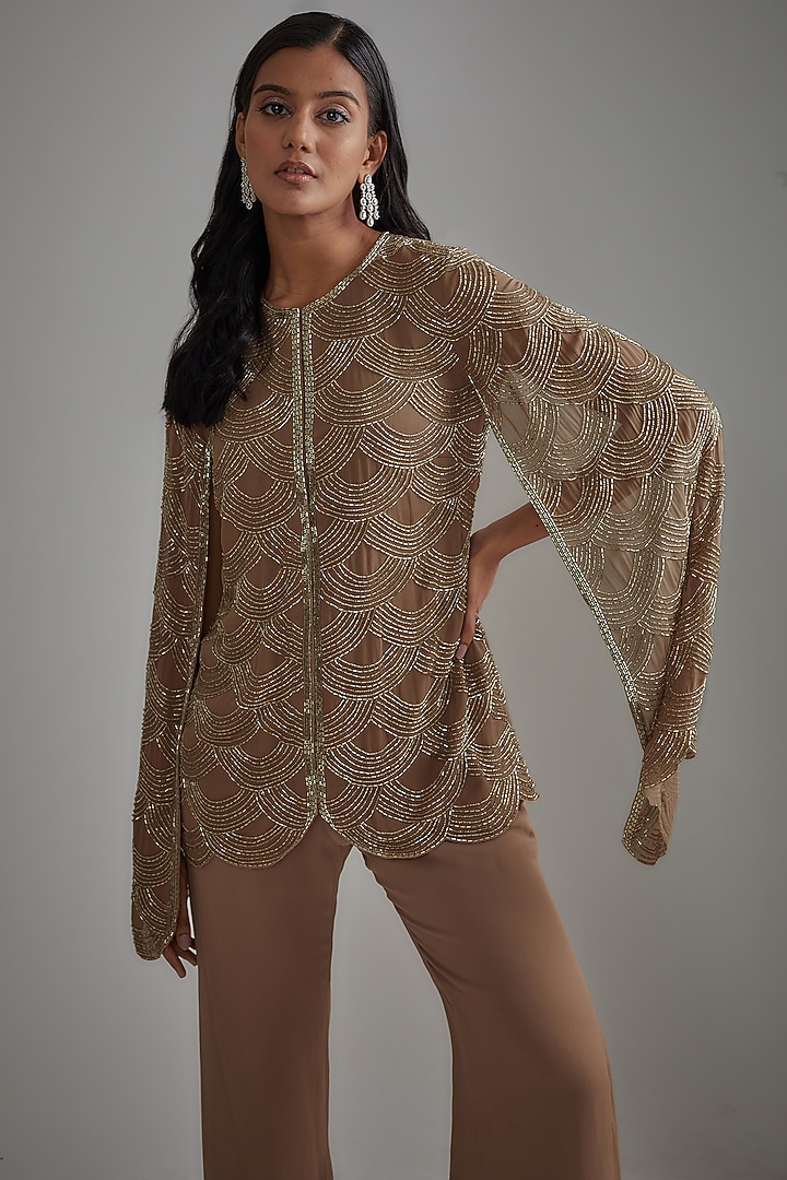 Golden Georgette Embroidered Jacket Set by Malasa at Pernia's Pop Up Shop
