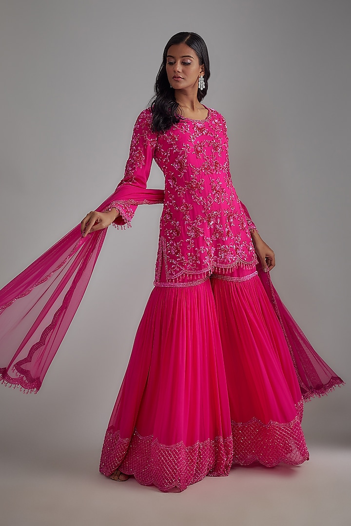 Pink Georgette Embroidered Sharara Set by Malasa