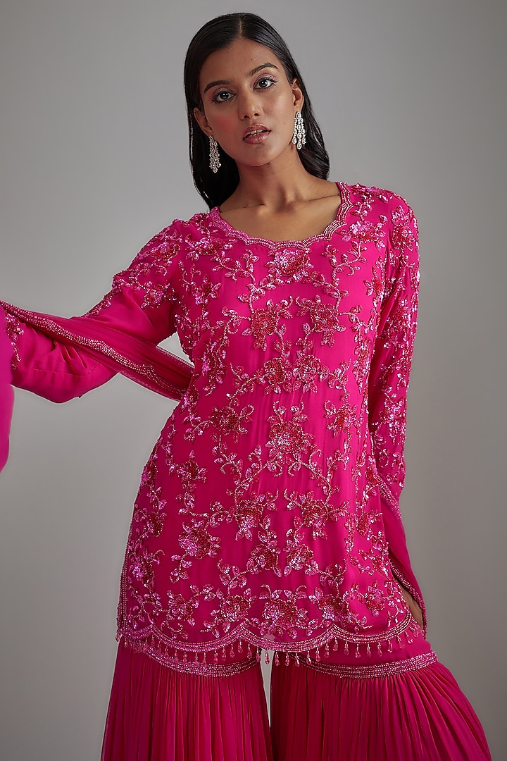 Pink Georgette Embroidered Bridal Sharara Set by Malasa at Pernia's Pop Up Shop