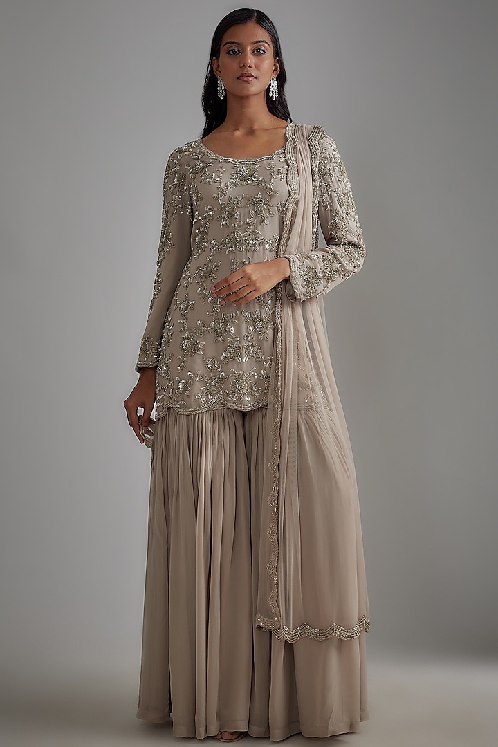 Grey Georgette Embroidered Sharara Set by Malasa at Pernia's Pop Up Shop