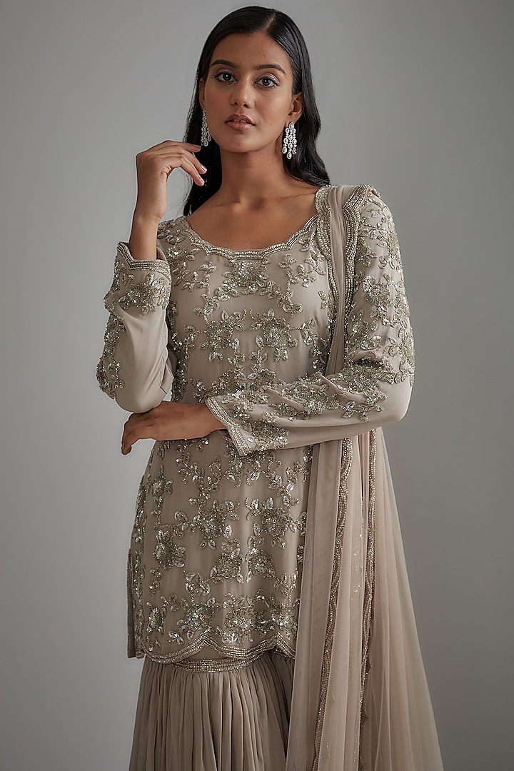 Grey Georgette Embroidered Wedding Sharara Set by Malasa at Pernia's Pop Up Shop
