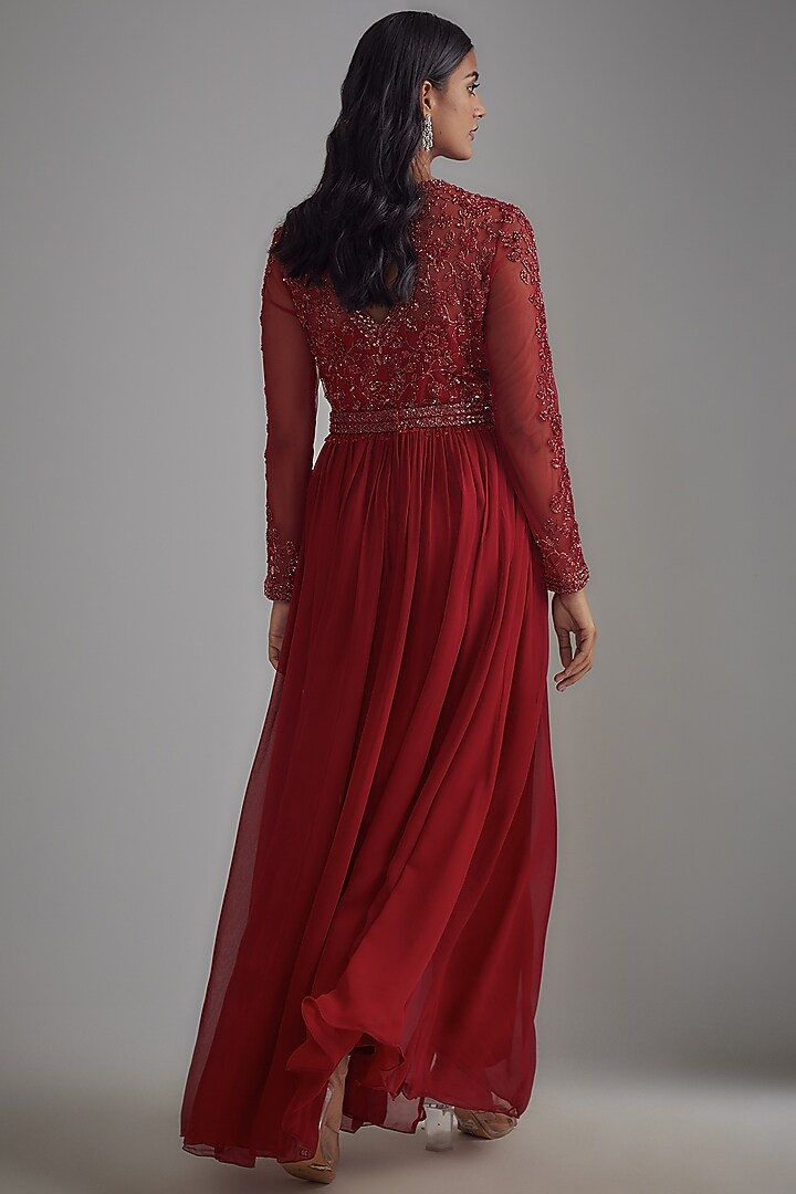Red Net & Georgette Embroidered Jacket Set by Malasa at Pernia's Pop Up Shop