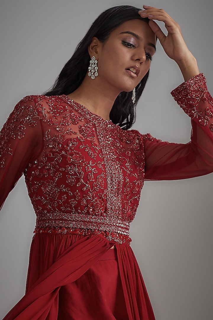 Red Net & Georgette Embroidered Jacket Set by Malasa at Pernia's Pop Up Shop