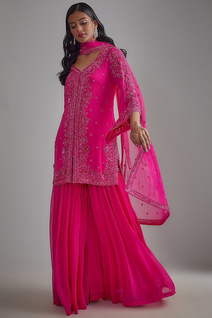 Pink Georgette Sharara Set by Malasa