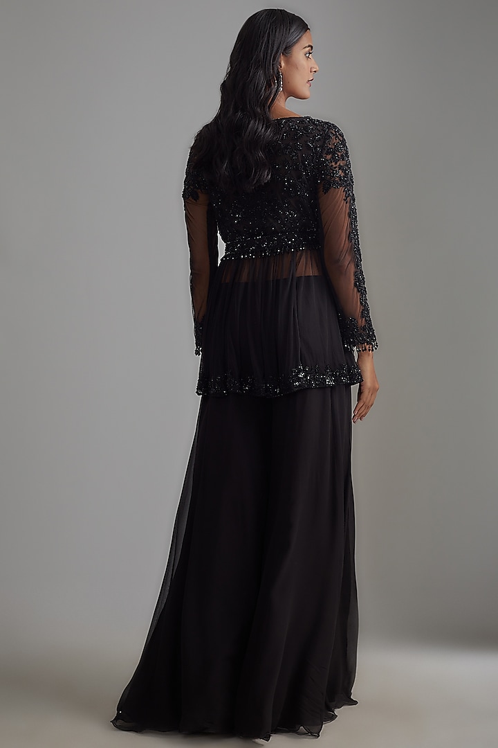 Black Georgette Wedding Sharara Set by Malasa at Pernia's Pop Up Shop