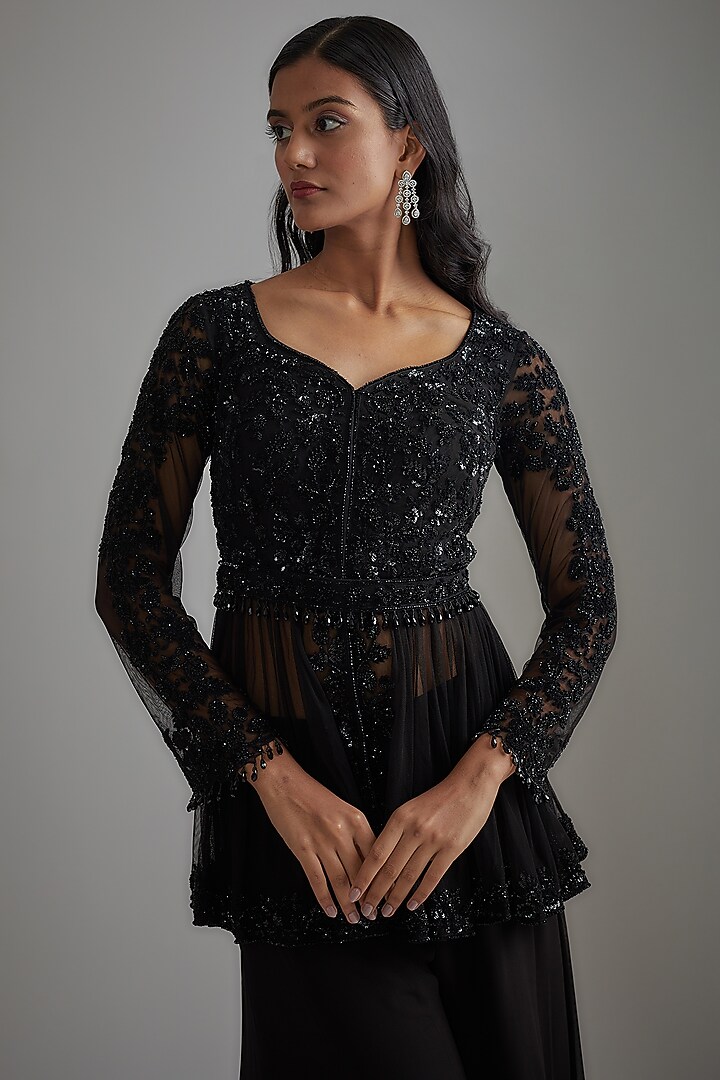 Black Georgette Wedding Sharara Set by Malasa at Pernia's Pop Up Shop