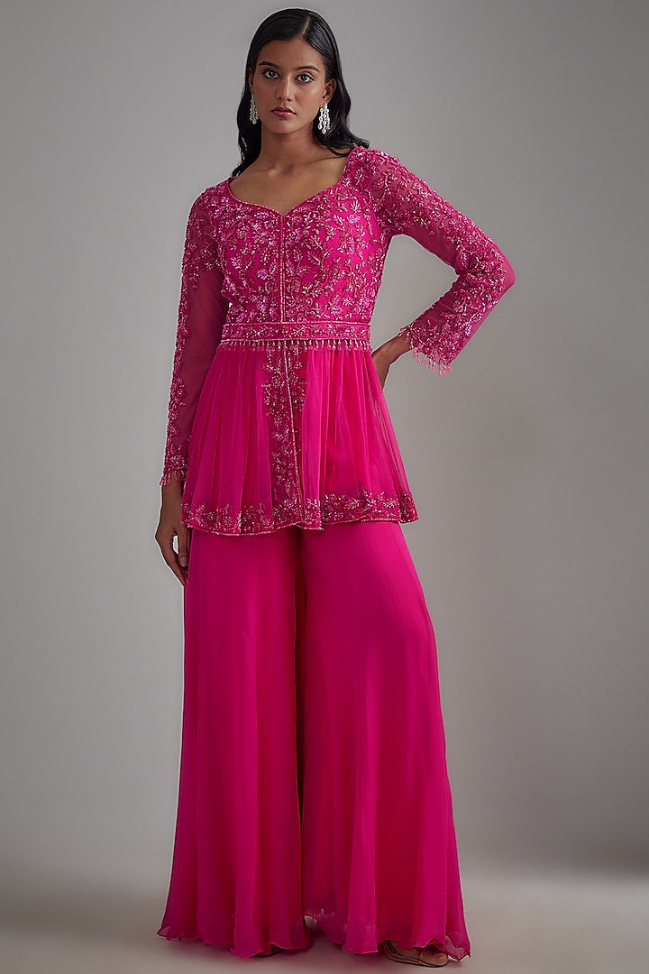 Pink Georgette Sharara Set by Malasa