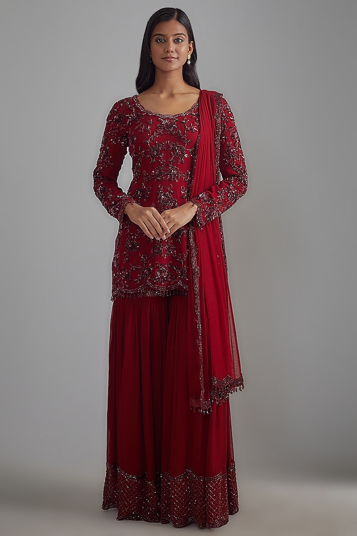 Red Georgette Embroidered Sharara Set by Malasa